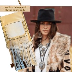 Natural colored , BOHO Leather/suede “Fringe” cell phone crossbody. NWT